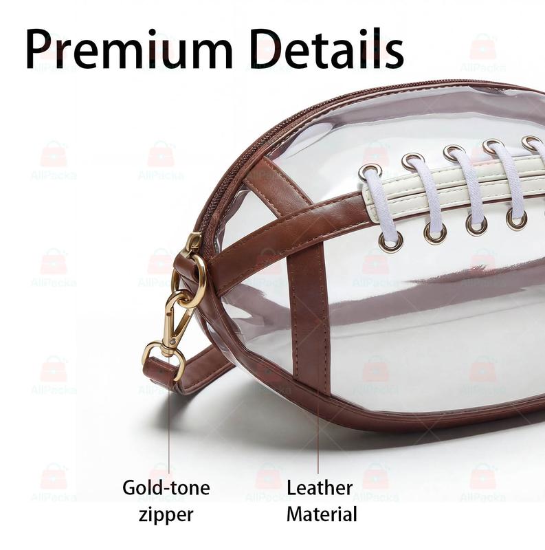 Football Shaped Clear Crossbody Bag | Stadium Approved Transparent Purse with Gold-Tone Zipper & Leather Trim | Perfect Game Day Essential