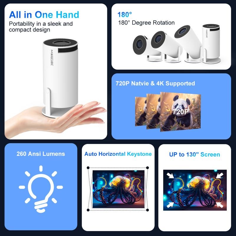 Portable Smart Mini Projector – 720P Native, 4K Support & Android 11