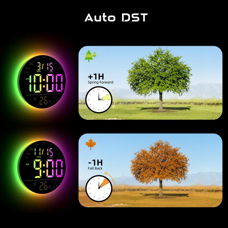 360° RGB LED Digital Wall Clock with Music Sync | 10" Large Anti-Glare Display, Bluetooth Auto Time, Remote Control, Auto Dimming & 15 Color Modes (USB Powered)