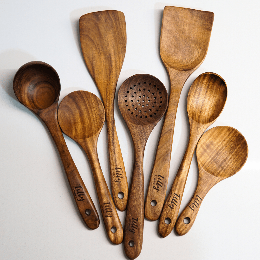 7 Piece Teak Utensil Set + Caddy Bundle
