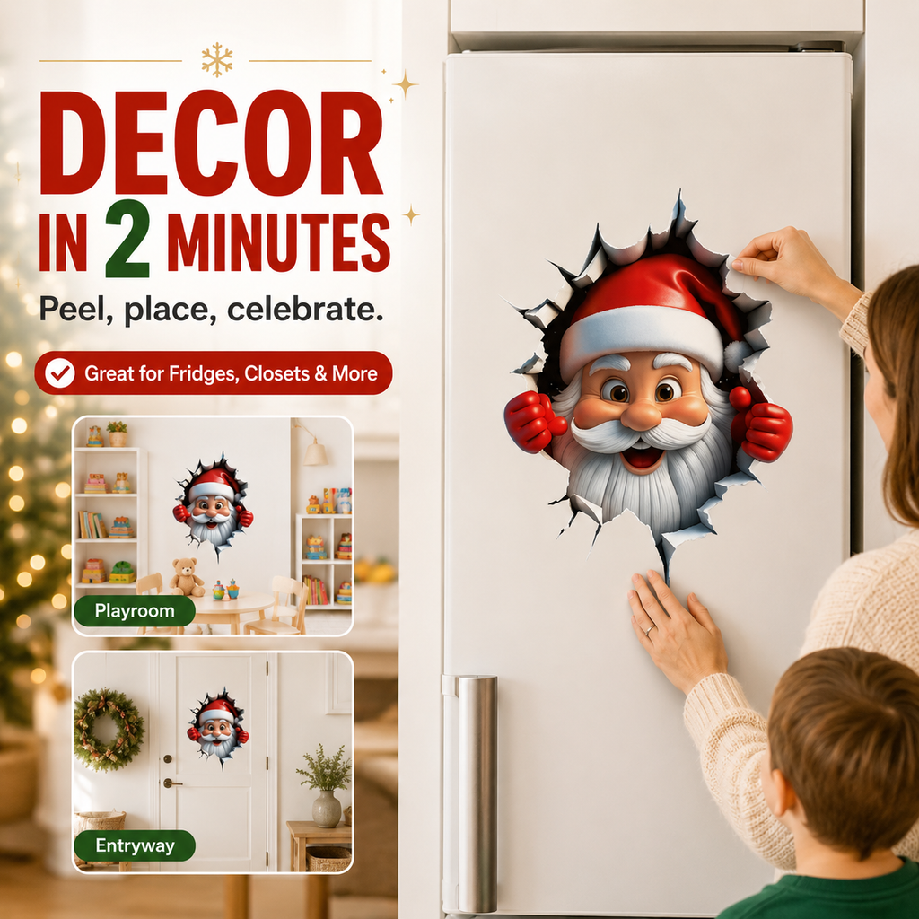 🎅 Bring Christmas Magic Home: 3D Santa Burst Wall Sticker!