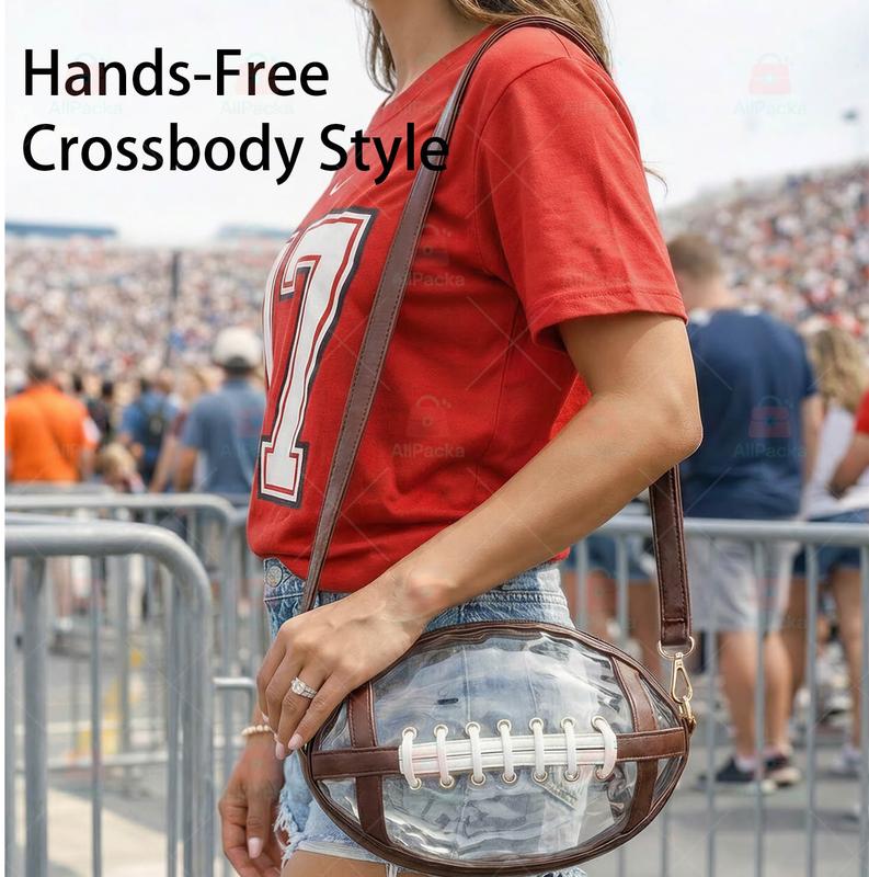 Football Shaped Clear Crossbody Bag | Stadium Approved Transparent Purse with Gold-Tone Zipper & Leather Trim | Perfect Game Day Essential