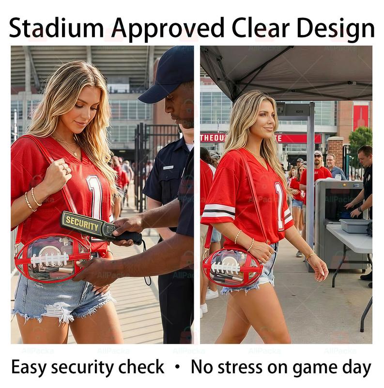 Football Shaped Clear Crossbody Bag | Stadium Approved Transparent Purse with Gold-Tone Zipper & Leather Trim | Perfect Game Day Essential
