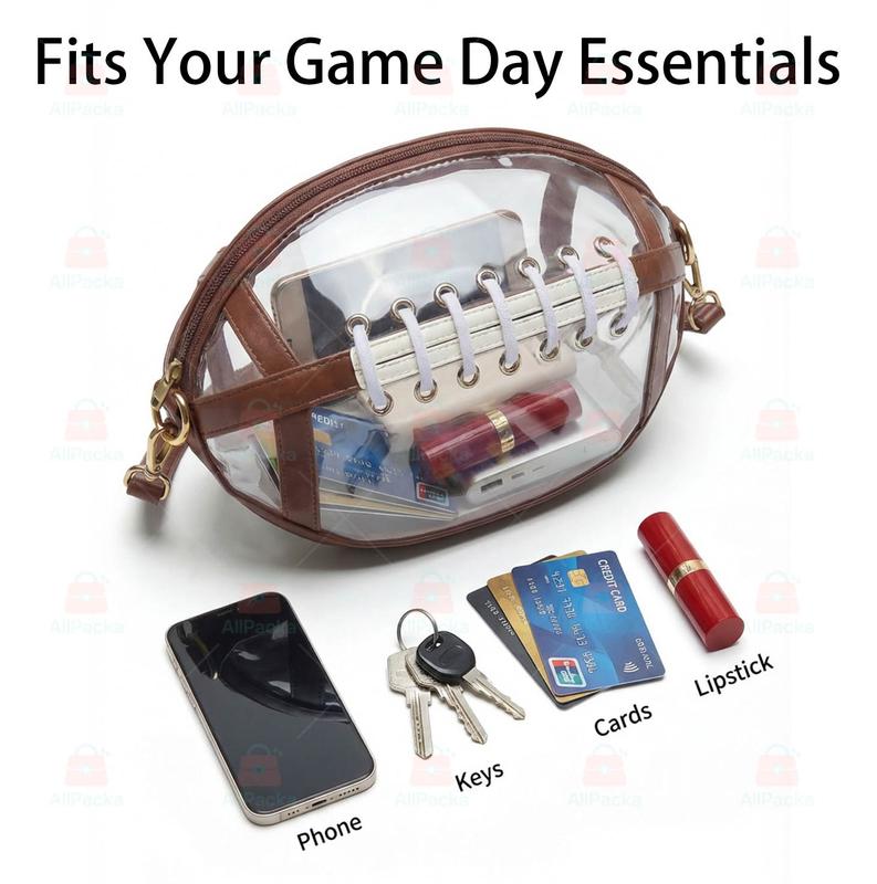 Football Shaped Clear Crossbody Bag | Stadium Approved Transparent Purse with Gold-Tone Zipper & Leather Trim | Perfect Game Day Essential
