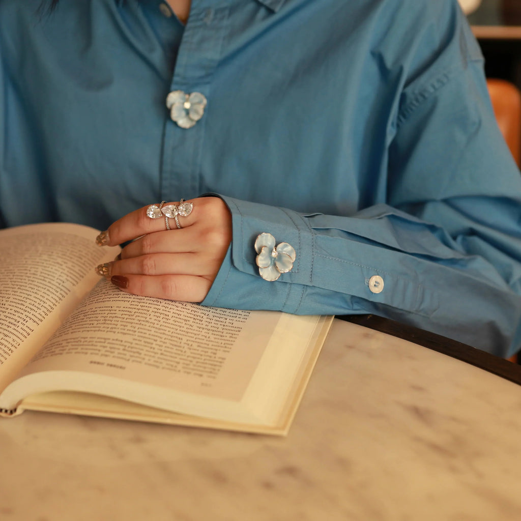 The Morning Mist Button Cover Set – Silver Enamel Bloom with Dewdrop Zirconia