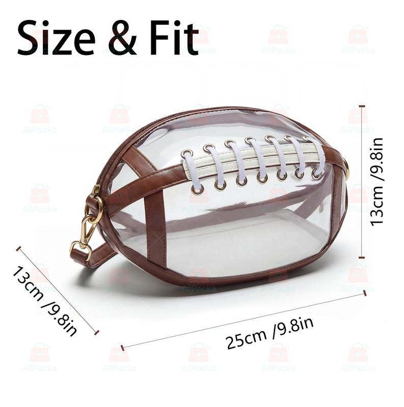 Football Shaped Clear Crossbody Bag | Stadium Approved Transparent Purse with Gold-Tone Zipper & Leather Trim | Perfect Game Day Essential