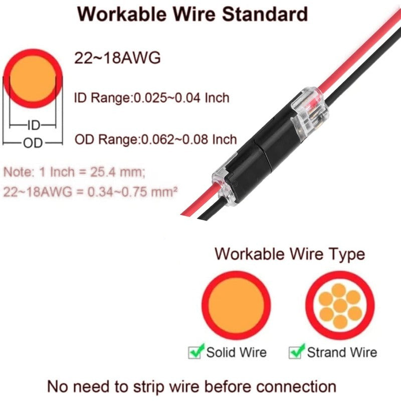 2-Pin Solderless Wire Connector – Compact Plug for LED Strips & 18–22 AWG Cables
