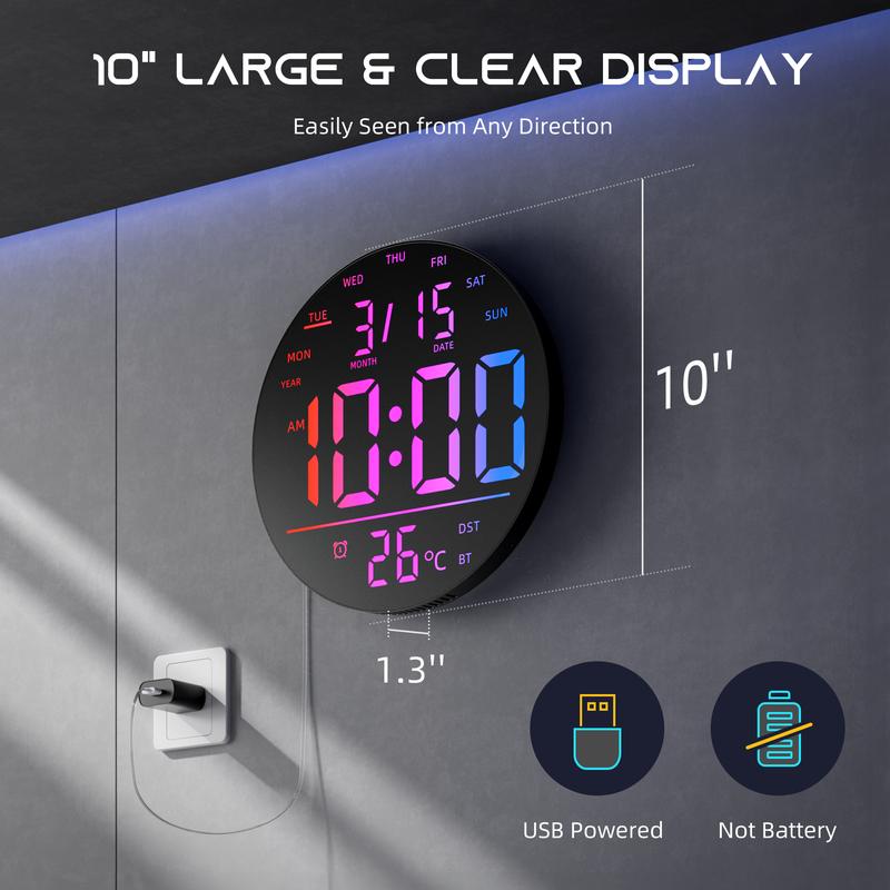 360° RGB LED Digital Wall Clock with Music Sync | 10" Large Anti-Glare Display, Bluetooth Auto Time, Remote Control, Auto Dimming & 15 Color Modes (USB Powered)