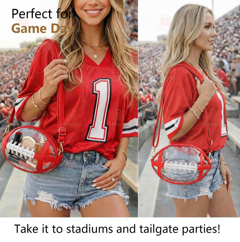 Football Shaped Clear Crossbody Bag | Stadium Approved Transparent Purse with Gold-Tone Zipper & Leather Trim | Perfect Game Day Essential