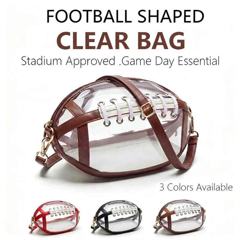 Football Shaped Clear Crossbody Bag | Stadium Approved Transparent Purse with Gold-Tone Zipper & Leather Trim | Perfect Game Day Essential