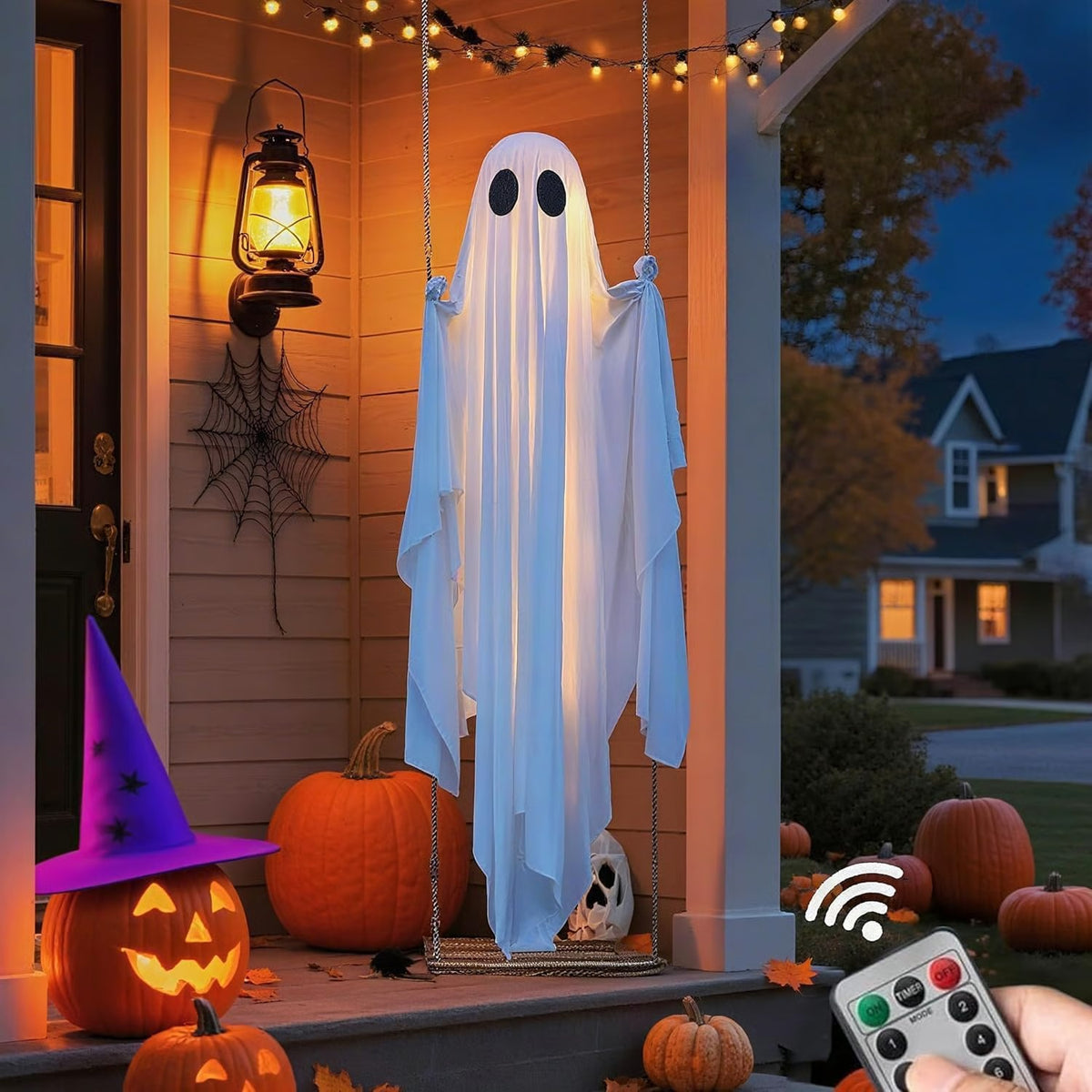 🎁HOT DEAL – Up to 49% OFF🔥Halloween Decorations OutdoorHanging Swing Ghost Halloween Decor with String Lights, Spooky Cute Ghosts Decorations for Front Porch Yard Tree