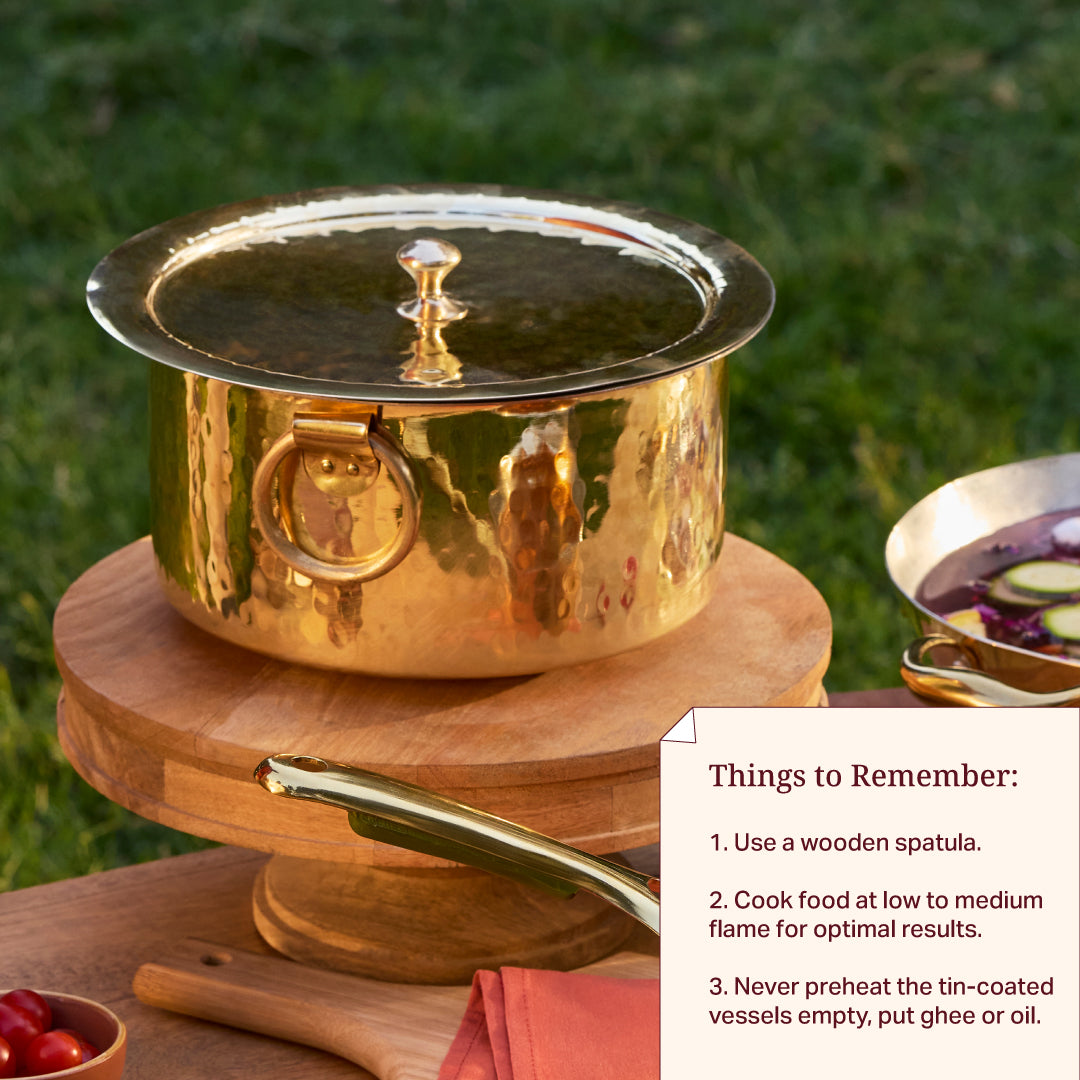 Set of 3 Brass Pots (Patila/ Topia) - 1 qt, 3 qt, 5 qt 6 Pieces Set