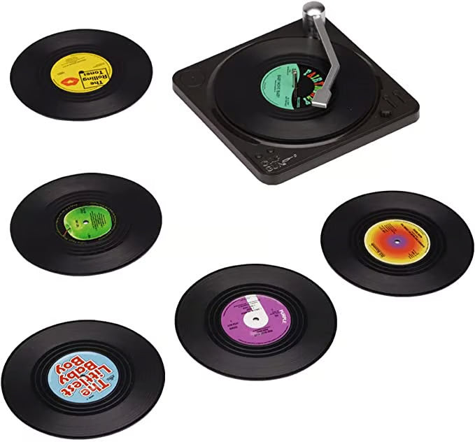 Vinyl Record Coasters with Retro Vinyl Player Holder